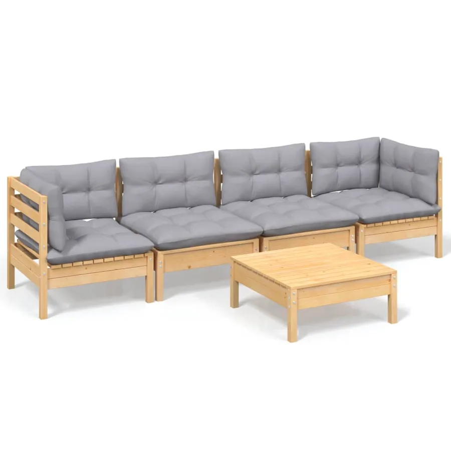 Salon de jardin 5 pcs avec coussins gris bois de pin massif - 2