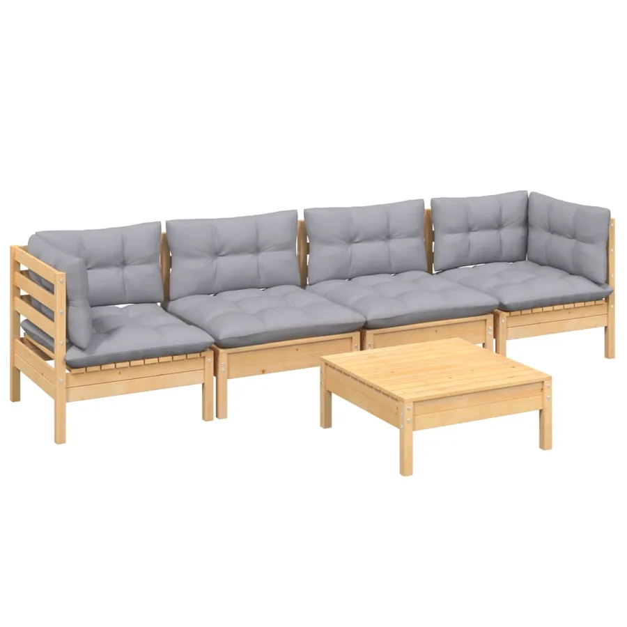 Salon de jardin 5 pcs avec coussins gris bois de pin massif - 3