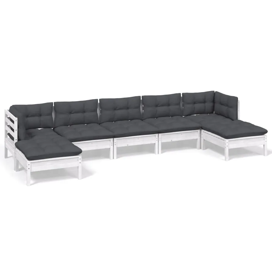 Salon de jardin 7 pcs avec coussins blanc bois de pin - 2