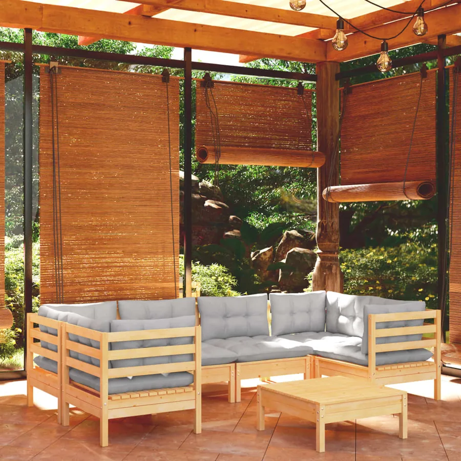 Salon de jardin 7 pcs avec coussins gris bois de pin