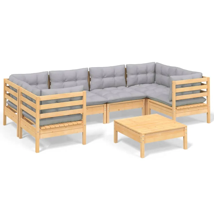 Salon de jardin 7 pcs avec coussins gris bois de pin - 2