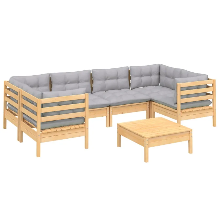 Salon de jardin 7 pcs avec coussins gris bois de pin - 3