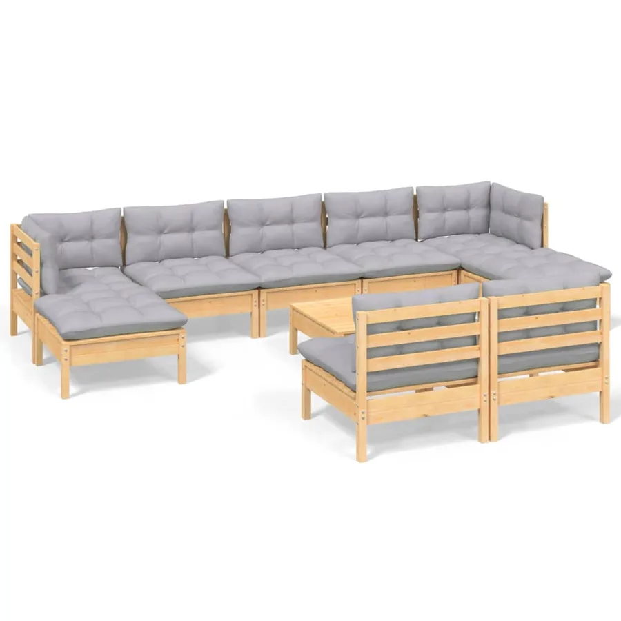 Salon de jardin 10 pcs avec coussins gris Bois de pin - 2