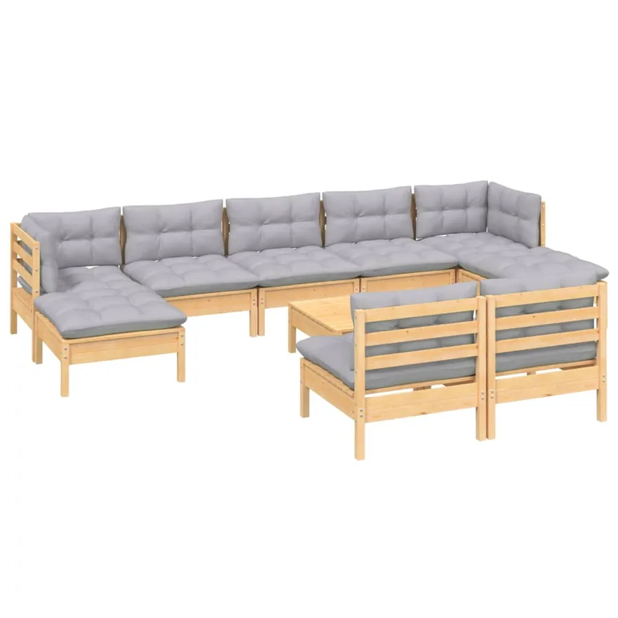 Salon de jardin 10 pcs avec coussins gris Bois de pin - 3