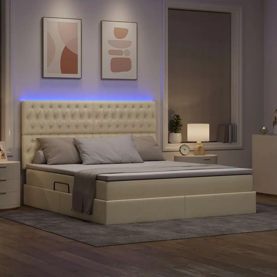 Lit de rangement LED avec matelas Crème 180 x 200 cm Tissu - 5