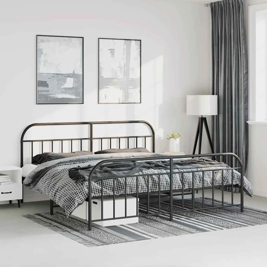 Cadre de lit métal sans matelas avec pied de lit noir 193x203cm