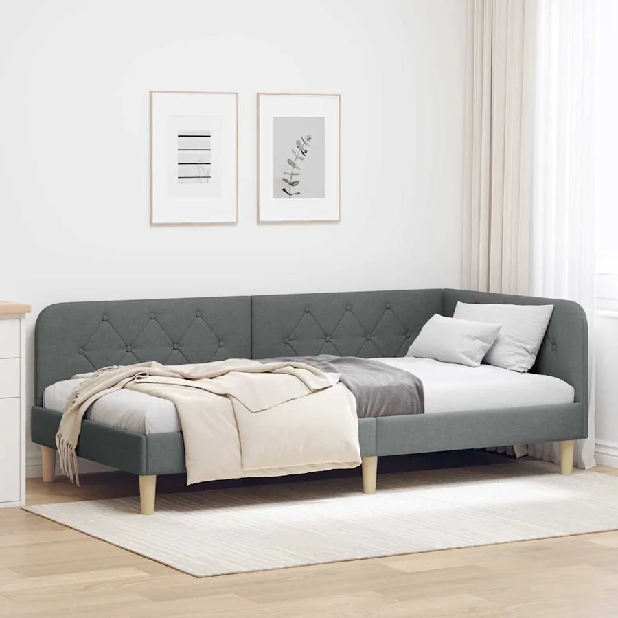 Cadre de lit d'angle Gris foncé 90 x 200 cm tissu