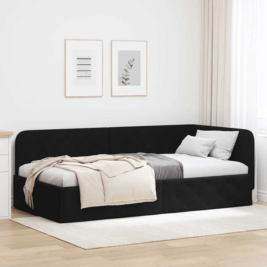 Cadre de lit d'angle Noir 100 x 200 cm tissu
