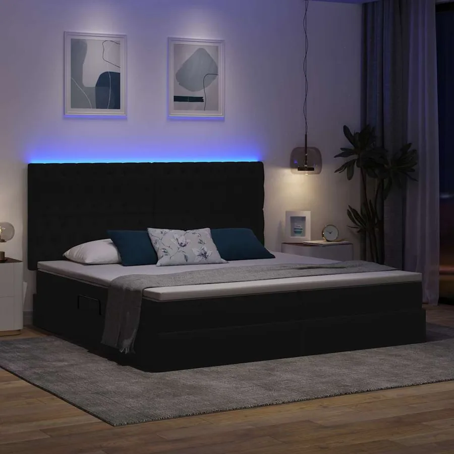 Lit de rangement LED avec matelas Noir 200 x 200 cm Tissu - 5