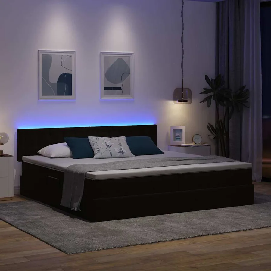 Lit de rangement LED avec matelas Noir 200 x 200 cm Velours - 5