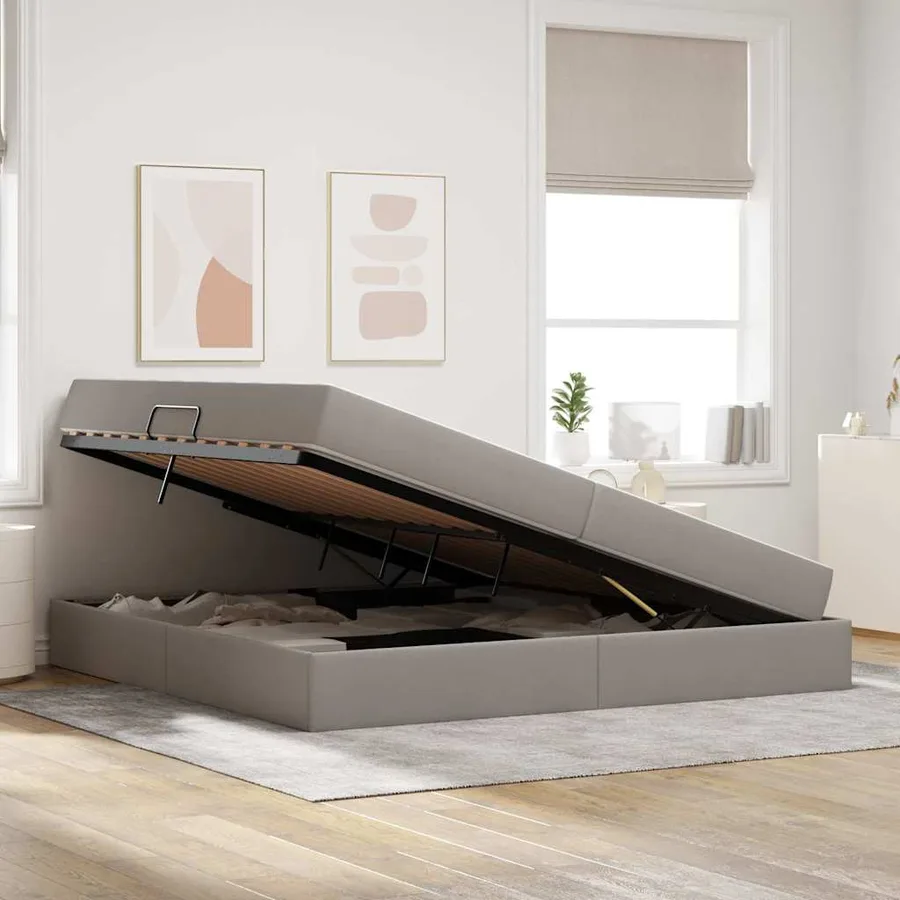 Lit avec rangement et matelas Taupe 200 x 200 cm Polyester - 4