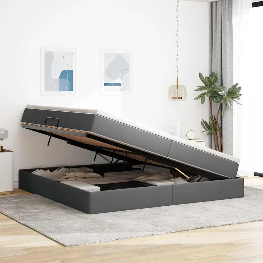 Lit avec rangement et matelas Gris foncé 200 x 200 cm Polyester - 4