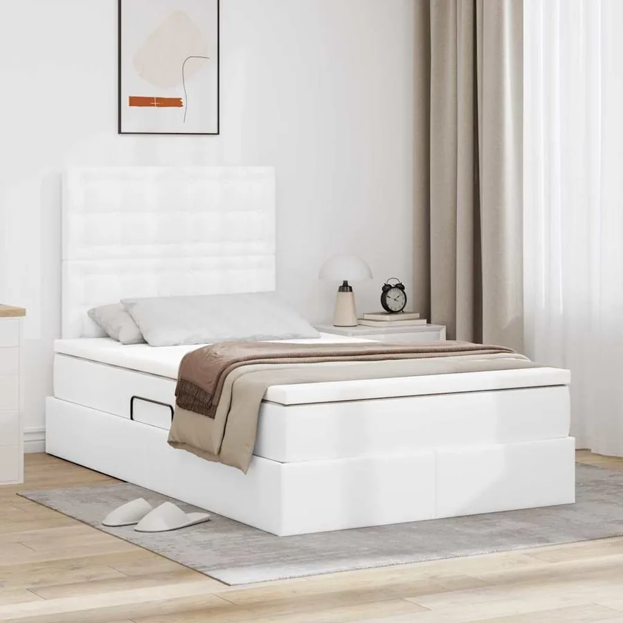 Lit avec rangement et LED Blanc pur 120 x 200 cm Simili cuir