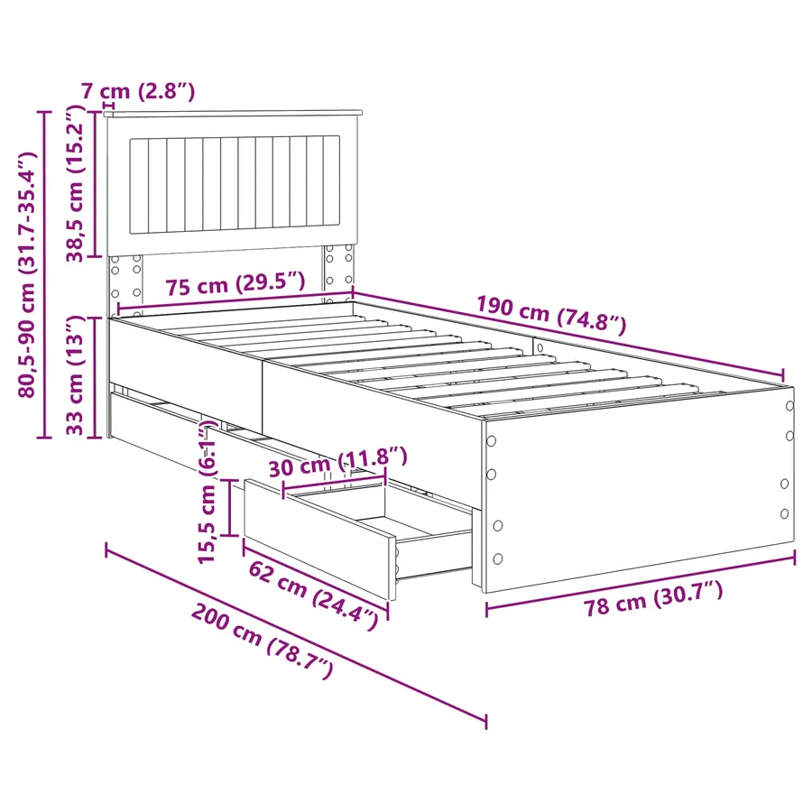 Cadre de lit Chêne Sonoma 75 x 190 cm Bois Ingénierie - 14
