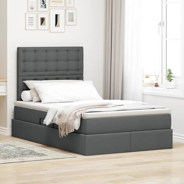 Lit de rangement LED avec matelas Gris foncé 120 x 190 cm Tissu