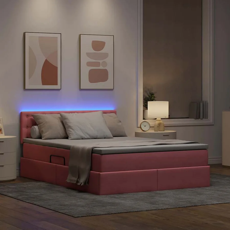 Lit de rangement LED avec matelas Rose 140 x 190 cm Velours - 5