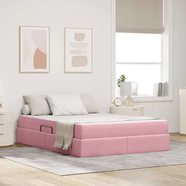 Lit avec rangement et matelas Rose 140 x 190 cm Velours