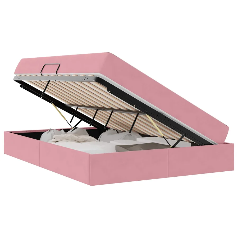 Lit avec rangement et matelas Rose 140 x 190 cm Velours - 2