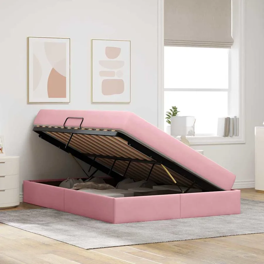 Lit avec rangement et matelas Rose 140 x 190 cm Velours - 4