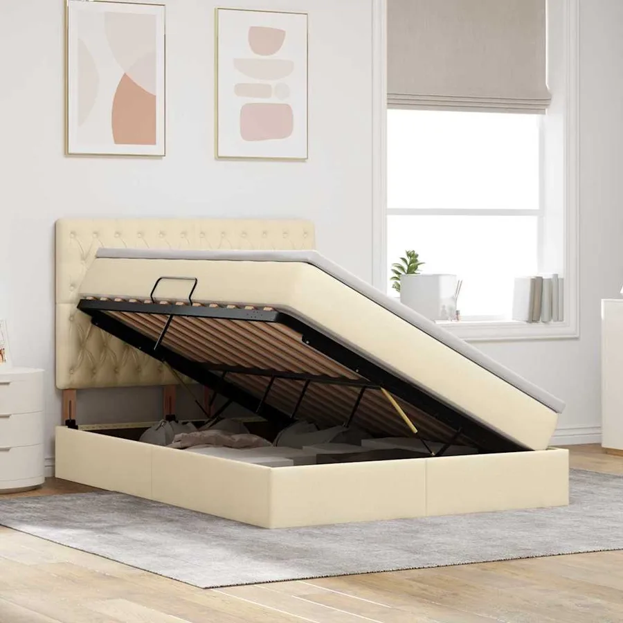 Lit avec rangement et matelas Crème 140 x 190 cm tissu - 4