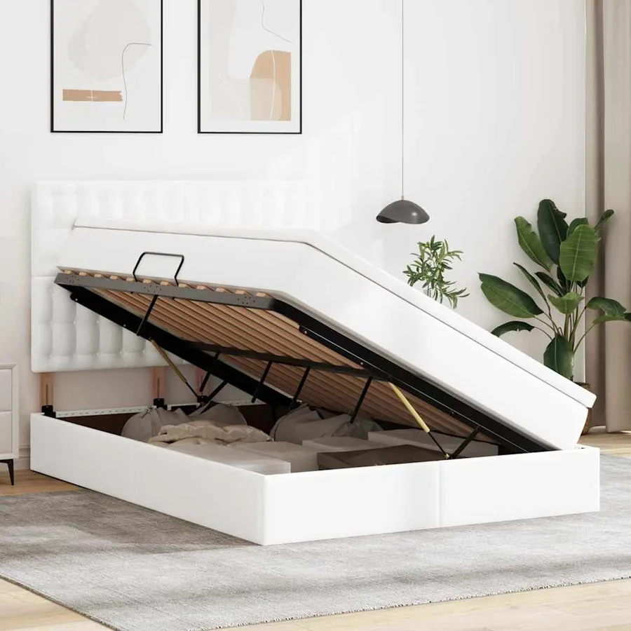 Lit avec rangement et LED Blanc pur 140 x 190 cm Simili cuir - 4