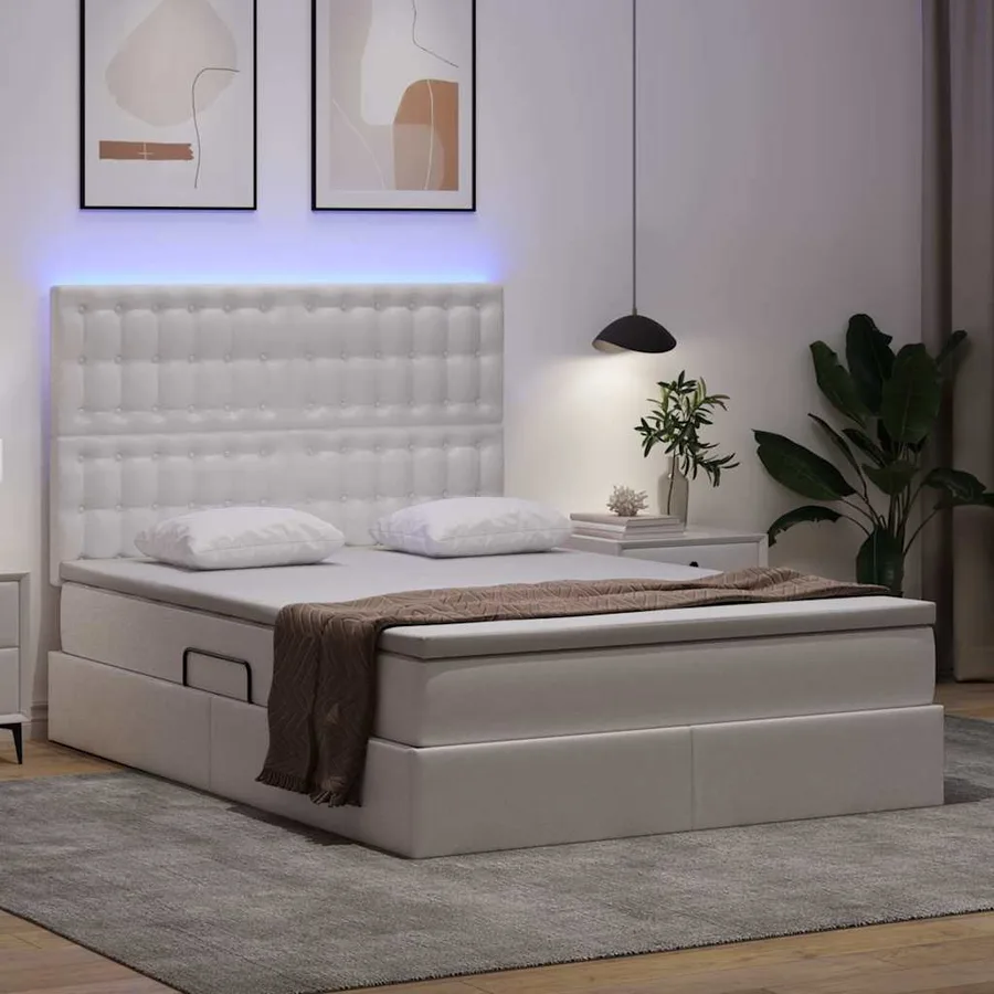 Lit avec rangement et LED Blanc pur 140 x 190 cm Simili cuir - 5