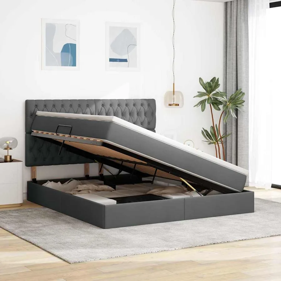 Lit de rangement LED avec matelas Gris foncé 160 x 200 cm Tissu - 4