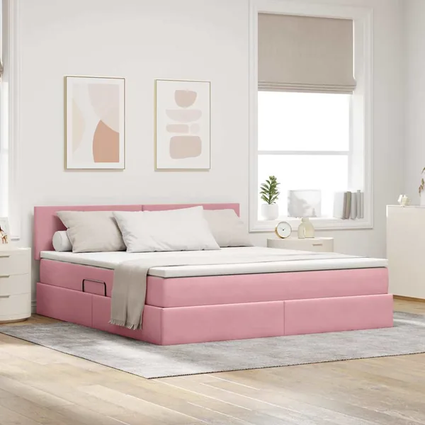 Lit de rangement LED avec matelas Rose 160 x 200 cm Velours