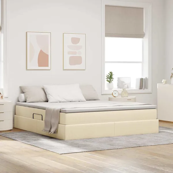 Lit avec rangement et matelas Crème 160 x 200 cm Polyester