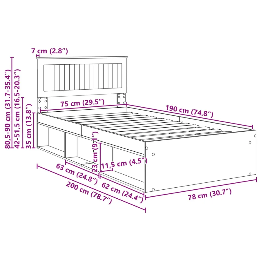Cadre de lit avec tête de lit Blanc 75 x 190 cm Pin massif - 13