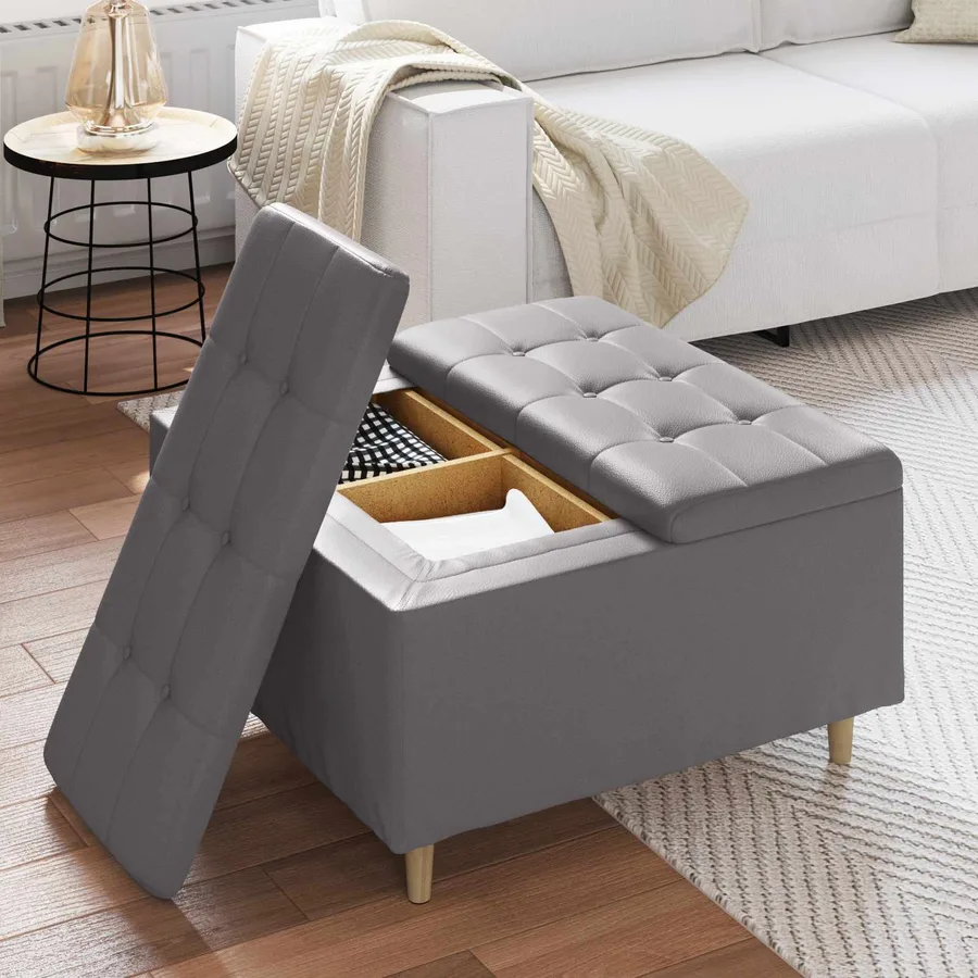 Pouf de rangement avec coussin Gris 80 x 80 x 45 cm Simili cuir - 4