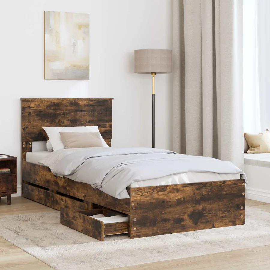 Cadre de lit avec tiroir Chêne fumé 90 x 190 cm Bois Ingénierie - 3