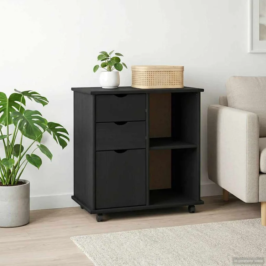 Cabinet roulant Noir 63,5 x 39 x 65,5 cm Bois de Pin Massif