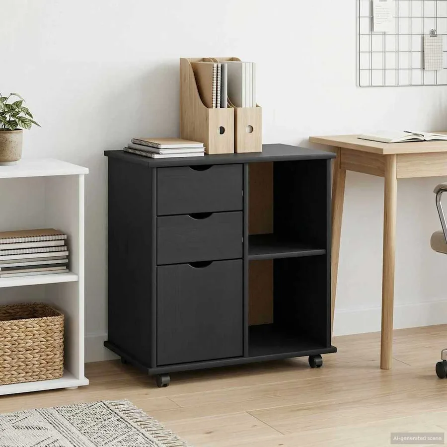 Cabinet roulant Noir 63,5 x 39 x 65,5 cm Bois de Pin Massif - 3