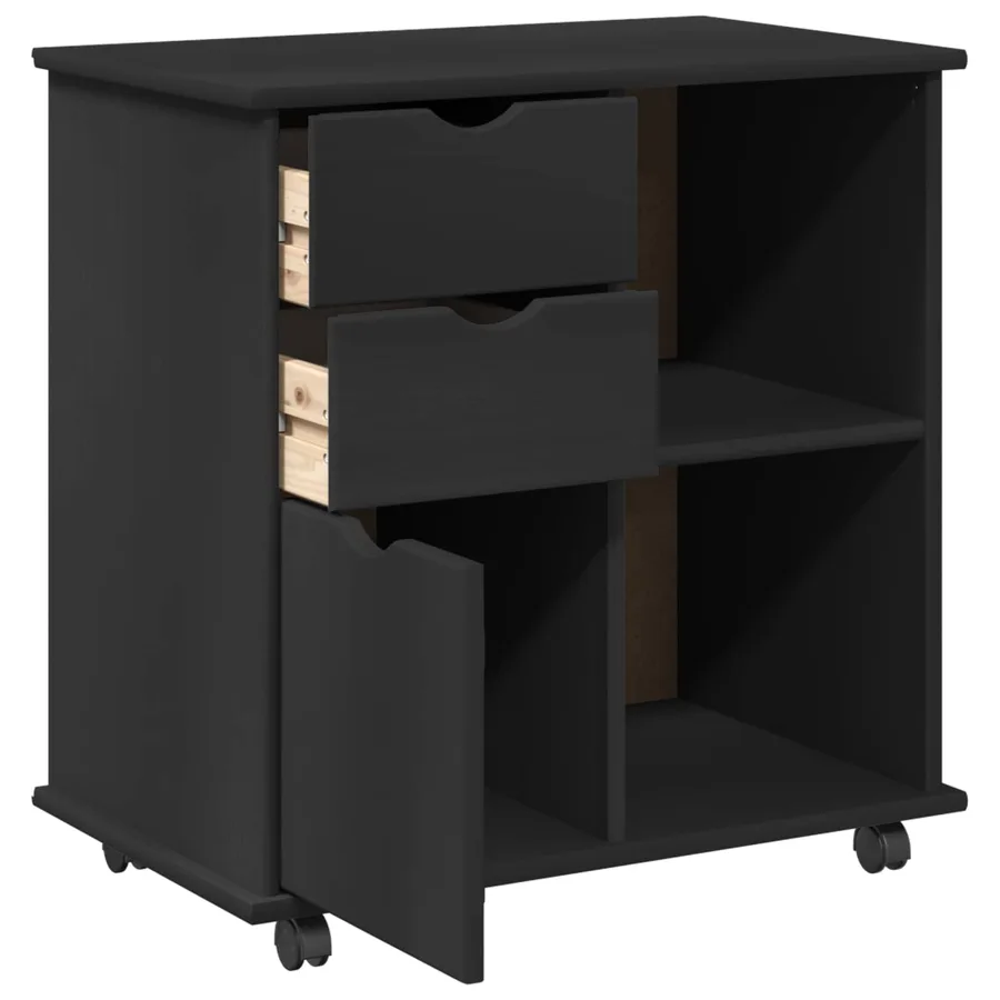 Cabinet roulant Noir 63,5 x 39 x 65,5 cm Bois de Pin Massif - 4