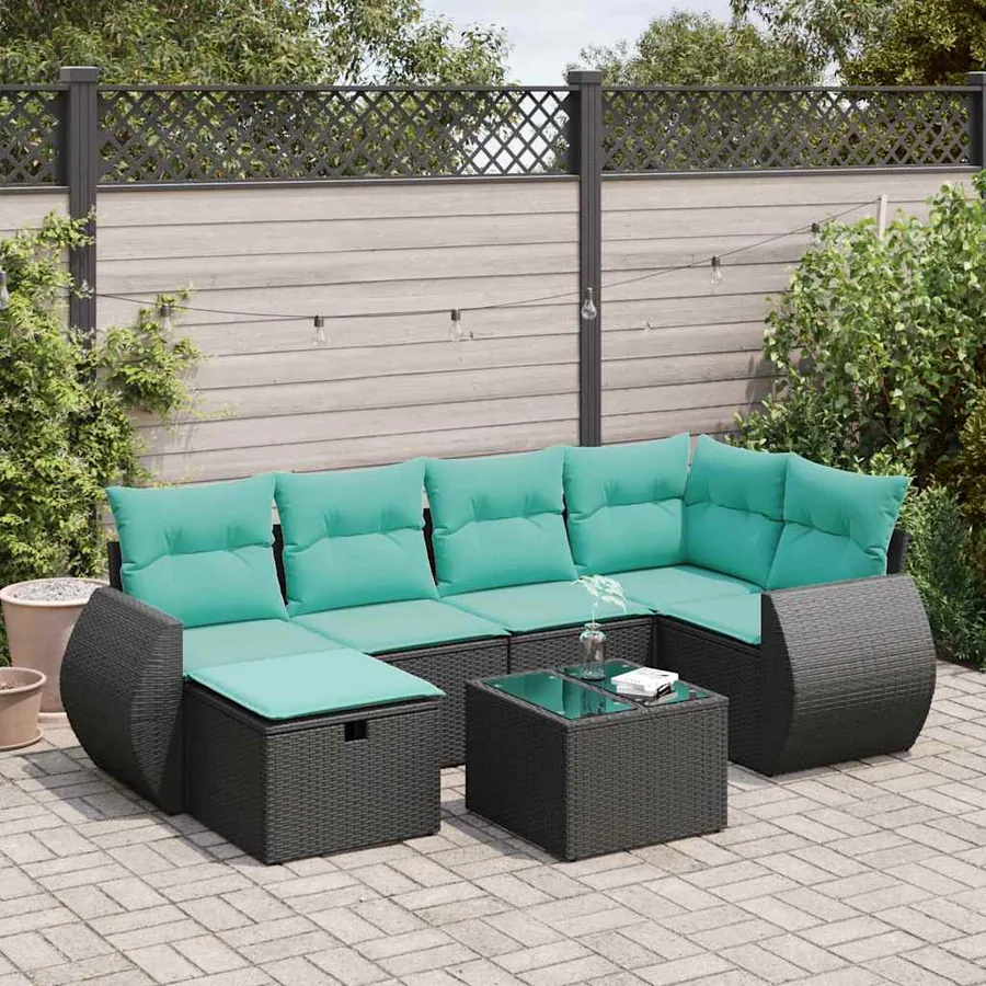 Salon de jardin 7 pcs avec coussins noir résine tressée 55 x 62 x 69 cm - 60,8 kg