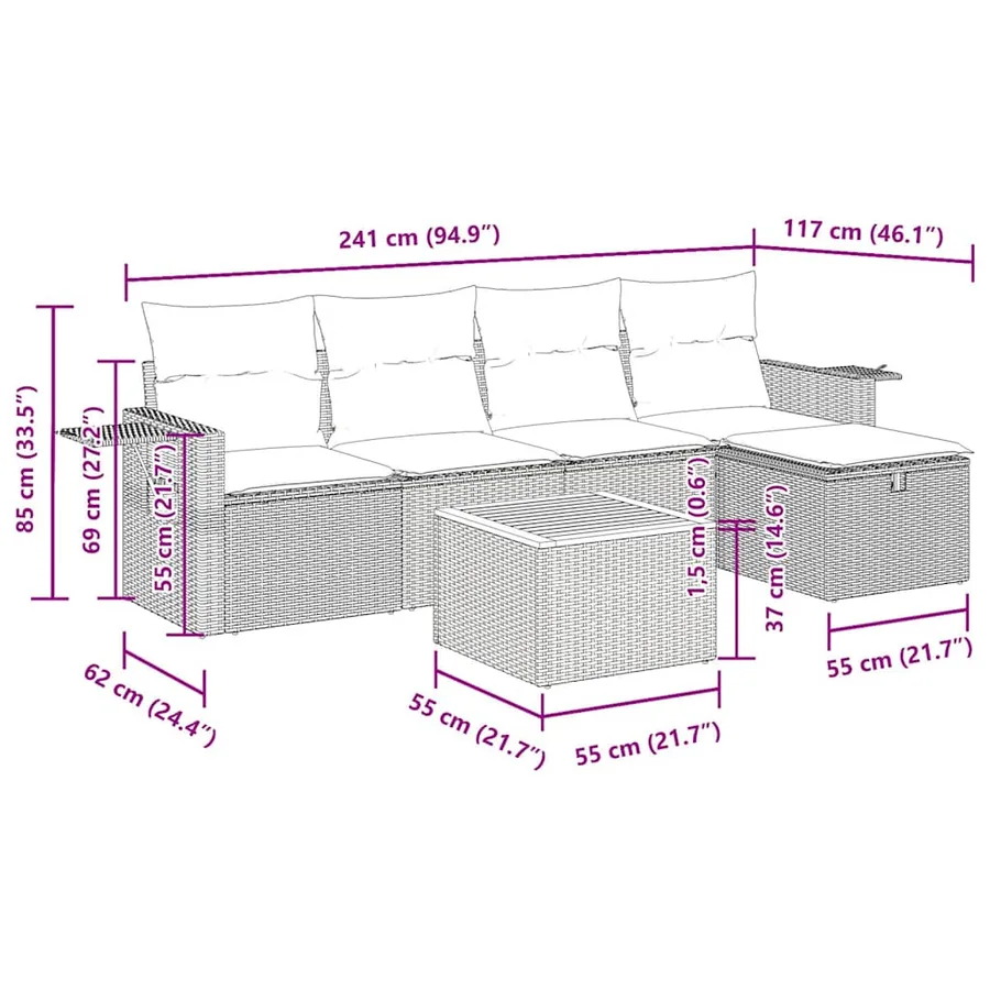 Salon de jardin 6 pcs avec coussins noir résine tressée - 13