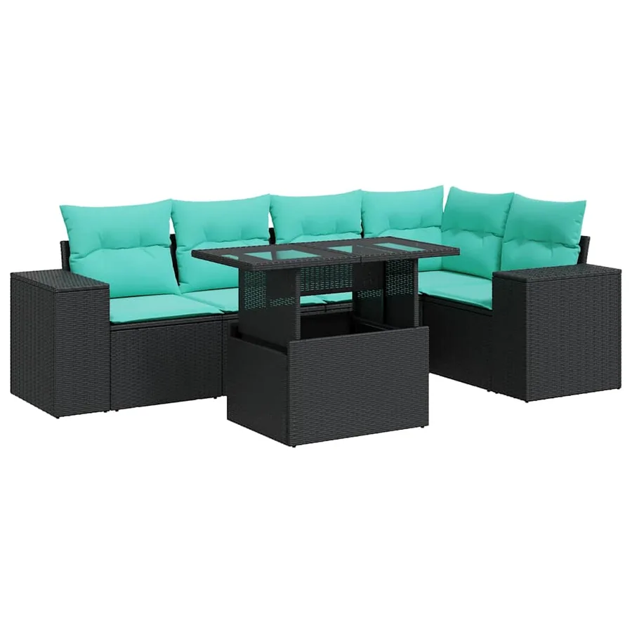 Salon de jardin 6 pcs avec coussins noir résine tressée acacia - 2