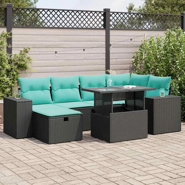Salon de jardin avec coussins 7 pcs gris résine tressée acacia