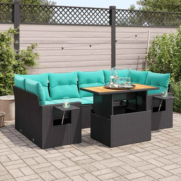 Salon de jardin 7 pcs avec coussins noir résine tressée 55 x 62 x 69 cm - 69,6 kg