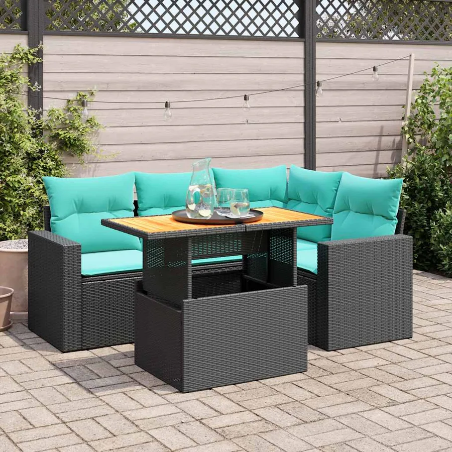 Salon de jardin 5 pcs avec coussins noir résine tressée