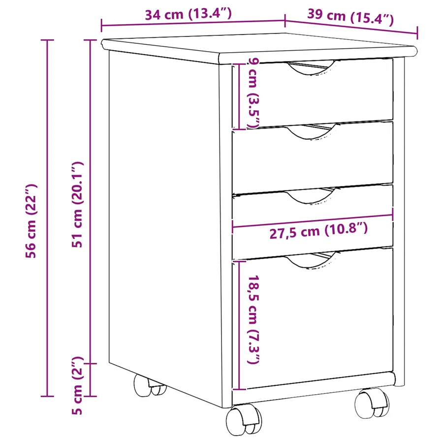 Cabinet roulant avec roue Marron 34 x 39 x 56 cm Pin massif - 9