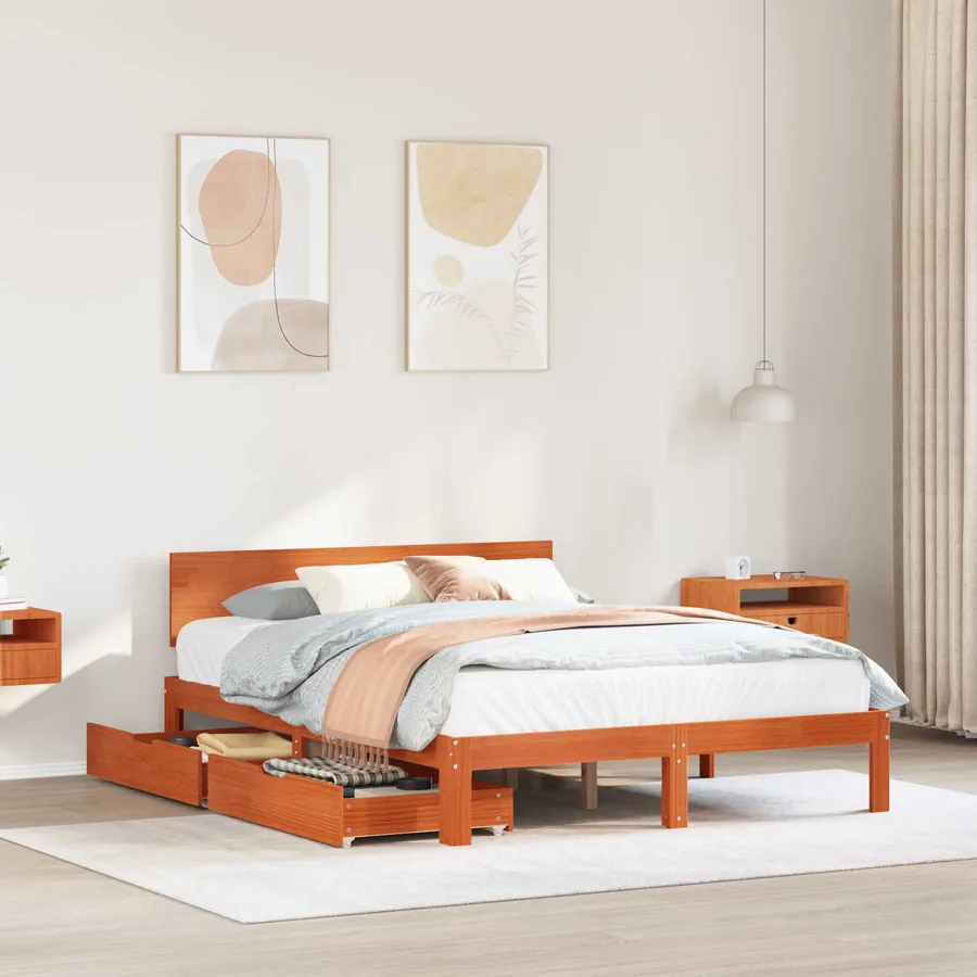 Cadre de lit avec tiroir 3 pcs Cire marron Bois de Pin Massif