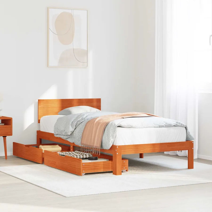 Cadre de lit avec tiroir 3 pcs Cire marron Bois de Pin Massif
