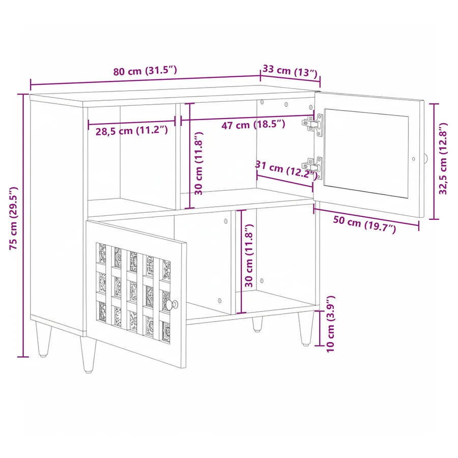 Buffet avec porte Noyer 80 x 33 x 75 cm Bois de mangue massif - 13