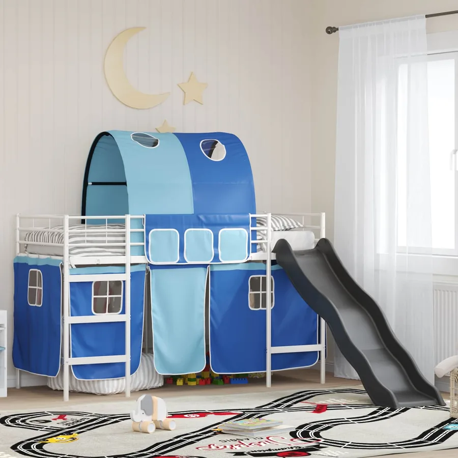 Lit mezzanine pour enfants Blanc et Bleu 100 x 190 cm Métал