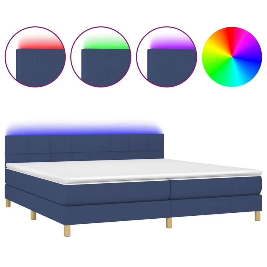 Sommier à lattes de lit et matelas et LED Bleu 200x200 cm Tissu - 2