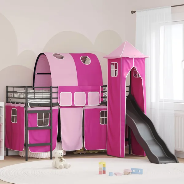 Lit mezzanine pour enfants Uni Noir et rose 100 x 190 cm métal