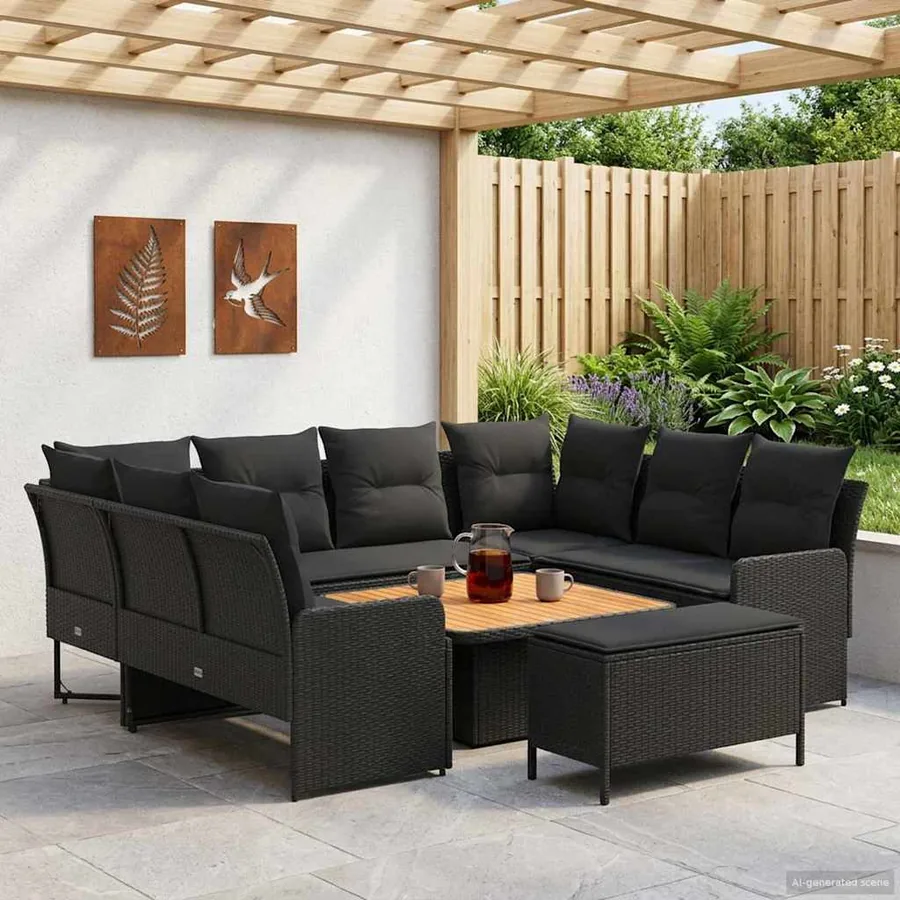 Ensembles de meubles avec oreiller 7 pcs Noir Rotin PE