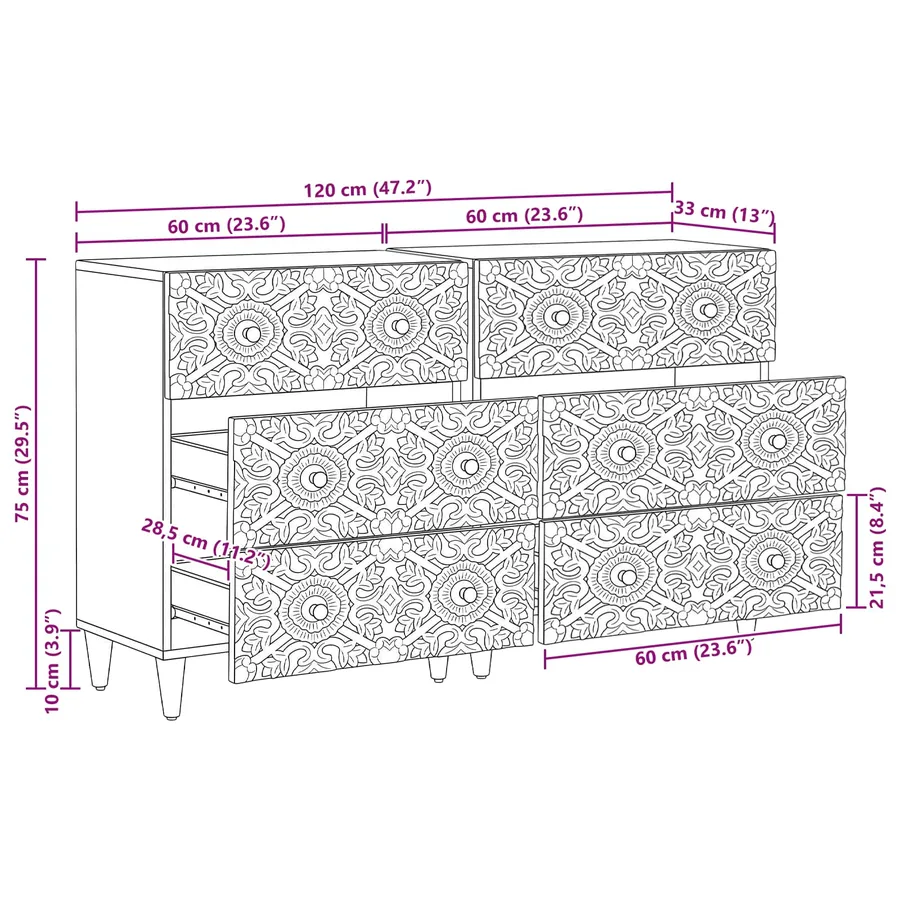 Buffet 2 pcs Marron 60 x 33,5 x 75 cm Bois de mangue massif - 12